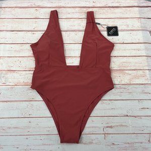 Zaful Plunge Front and Back One-Piece Swimsuit Terra Cotta Brown Size XL